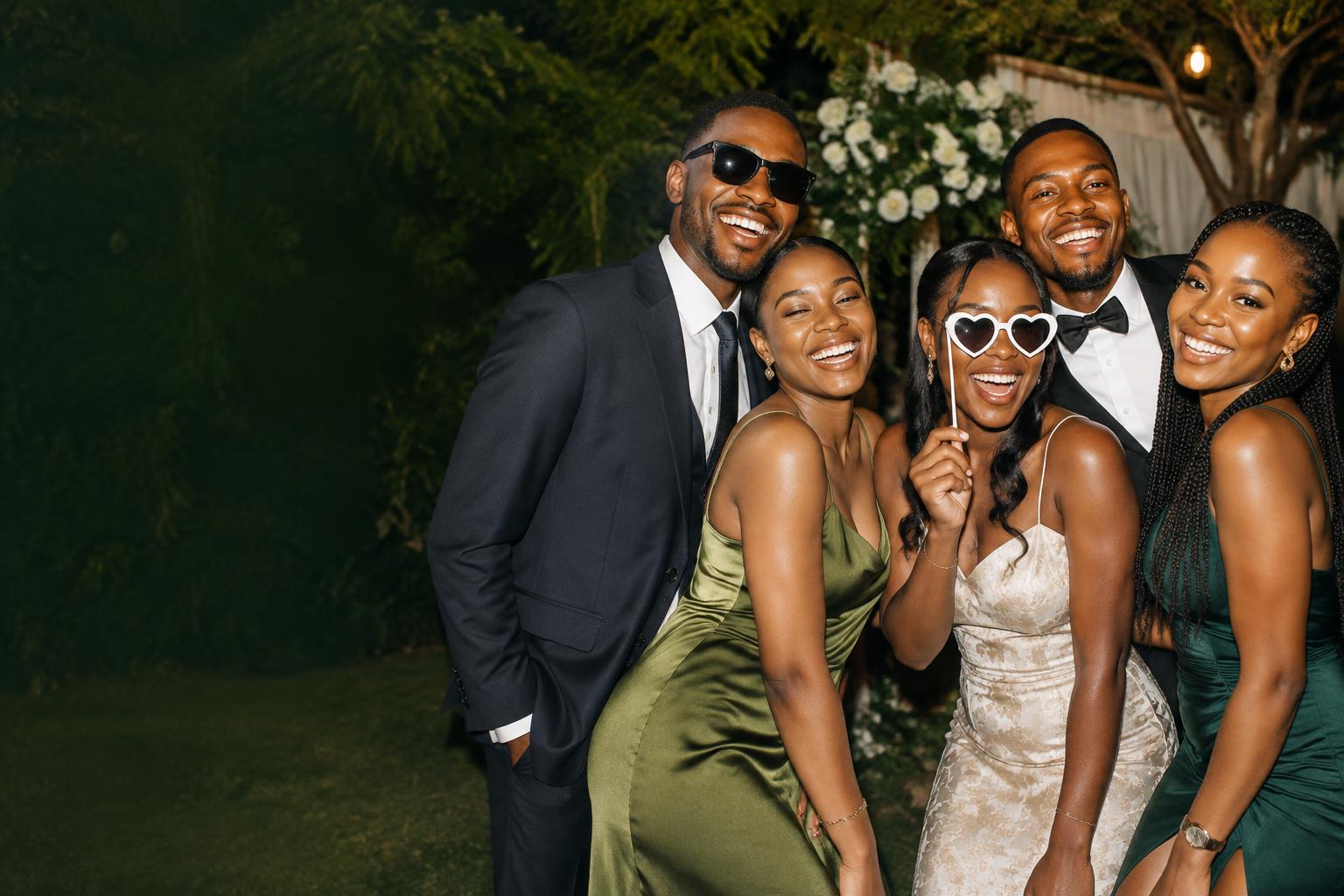 Friends celebrating together at a wedding photo booth